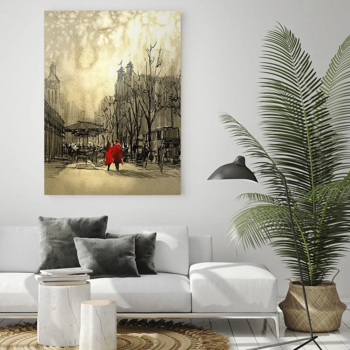 Impression sur verre - Image sur verre - Une figure rouge dans un décor urbain nostalgique - 80x120cm - Rendez-vous dans le brouillard de Londres - Décoration murale moderne pour le salon et la chambre ARTTOR