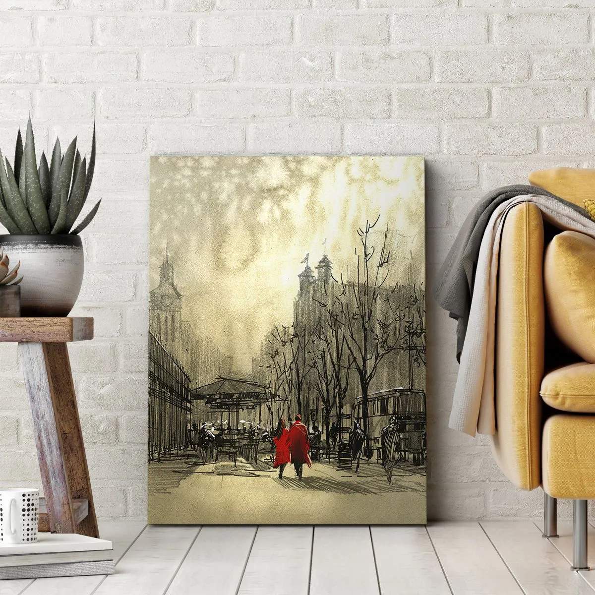 Impression sur toile - Image sur toile - Une figure rouge dans un décor urbain nostalgique - 80x120cm - Rendez-vous dans le brouillard de Londres - Décoration murale moderne pour le salon et la chambre ARTTOR