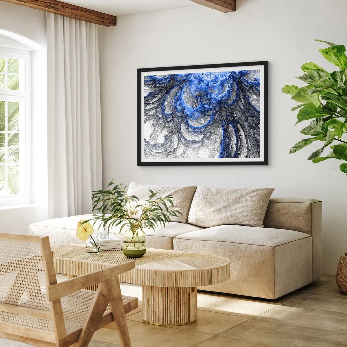 Affiche dans un cadre noir - Poster - Vagues abstraites dans des tons de bleu et de gris - 100x70cm - La naissance d'une vague - Décoration murale moderne pour le salon et la chambre ARTTOR