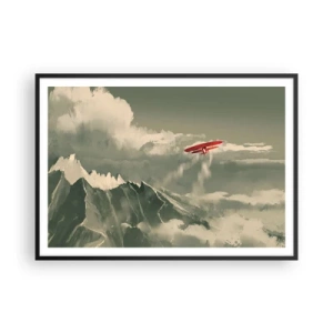 Affiche dans un cadre noir - Poster - Avion rouge au-dessus des montagnes enneigées - 100x70cm - Pionnier intrépide - Décoration murale moderne pour le salon et la chambre ARTTOR