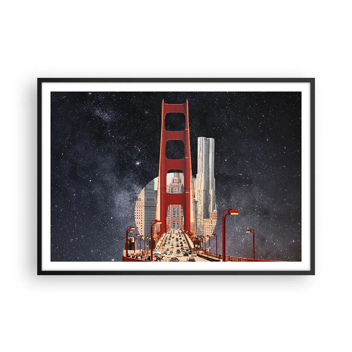 Affiche dans un cadre noir - Poster - Le Golden Gate Bridge avec la ville en arrière-plan contre un ciel étoilé - 100x70cm - Toujours au centre - Décoration murale moderne pour le salon et la chambre ARTTOR