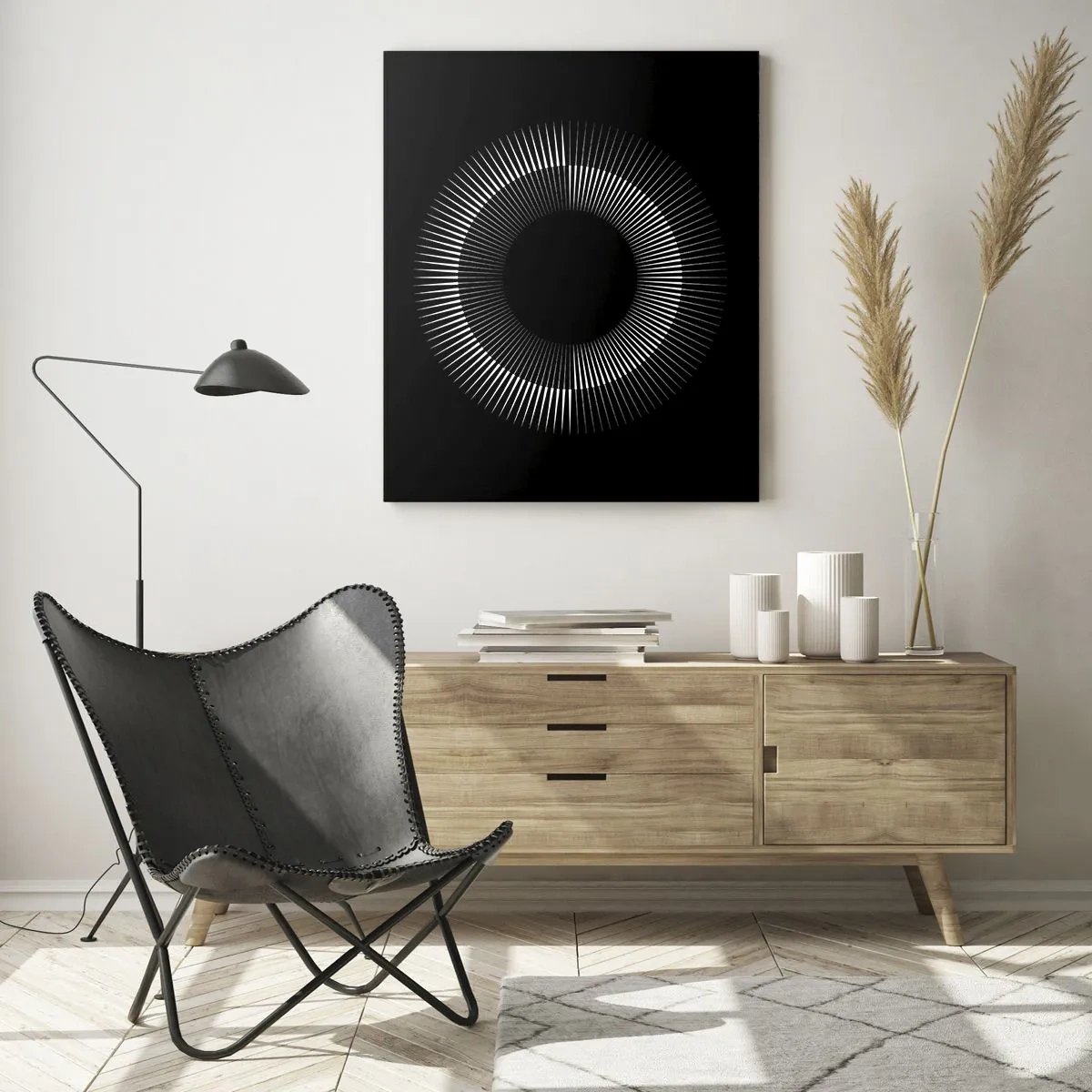 Impression sur verre - Image sur verre - Cercle graphique avec des rayons en noir et blanc - 80x120cm - Soleil noir - Décoration murale moderne pour le salon et la chambre ARTTOR