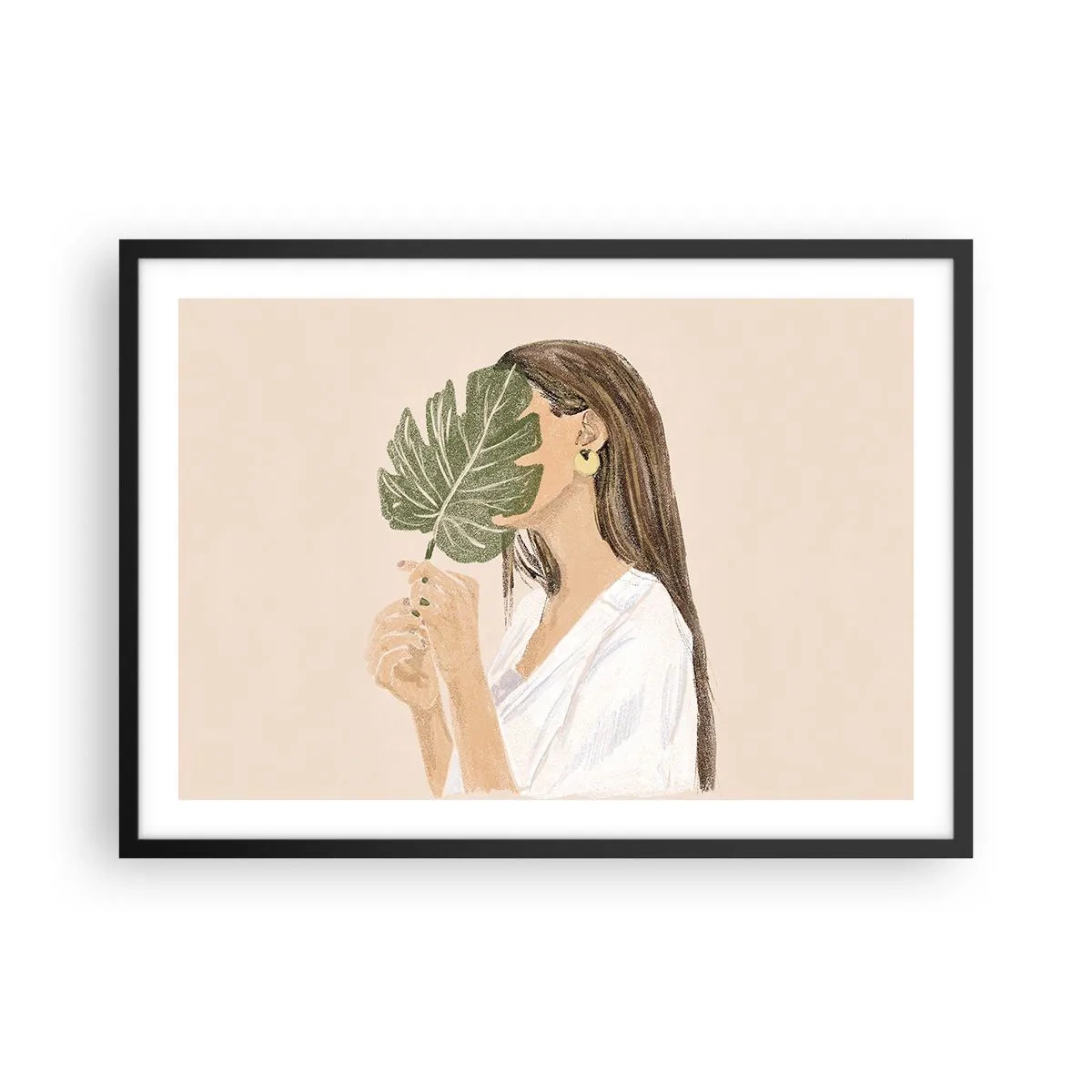 Affiche dans un cadre noir - Poster - Portrait d'une femme avec une feuille de monstera sur fond beige - 70x50cm - Portrait mystérieux avec un éventail - Décoration murale moderne pour le salon et la chambre ARTTOR