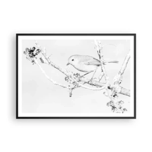 Affiche dans un cadre noir - Poster - Oiseau sur une branche en noir et blanc avec un style minimaliste - 100x70cm - Matin d'hiver - Décoration murale moderne pour le salon et la chambre ARTTOR