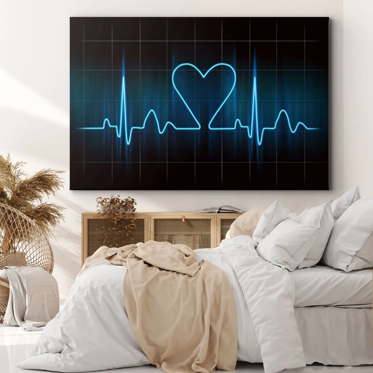 Impression sur toile - Image sur toile - Une ligne de vie avec un cœur sur un fond de surveillance médicale dans des tons bleus. - 70x50cm - Au rythme du cœur - Décoration murale moderne pour le salon et la chambre ARTTOR