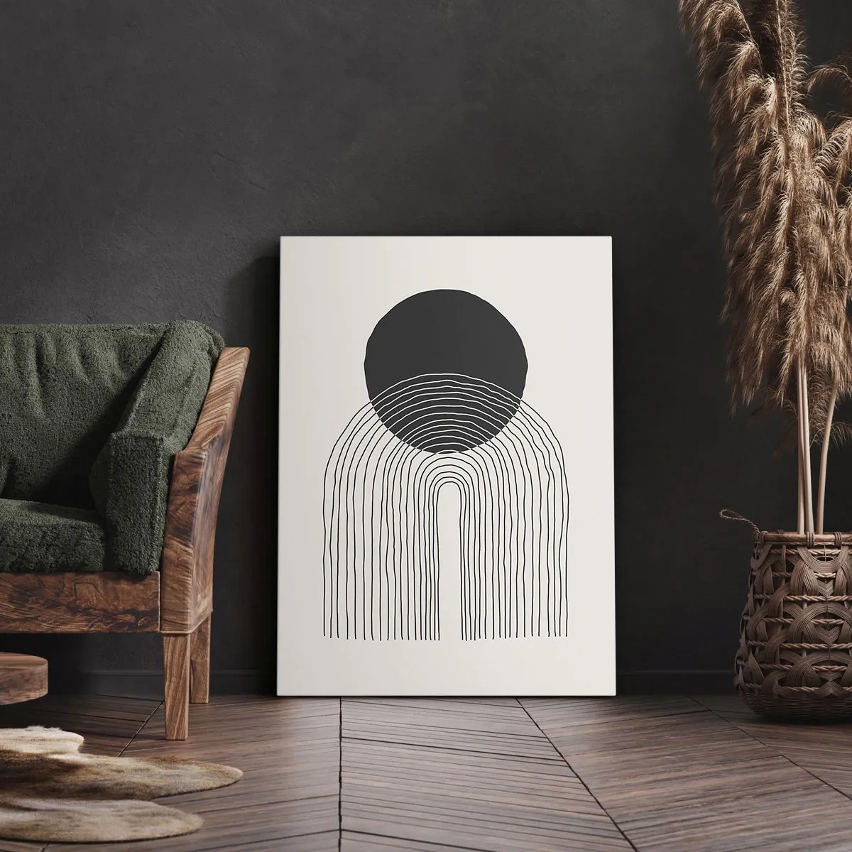 Impression sur toile - Image sur toile - Motif abstrait avec des lignes et un cercle noir sur un fond clair - 70x100cm - Tremblement et confiance - Décoration murale moderne pour le salon et la chambre ARTTOR