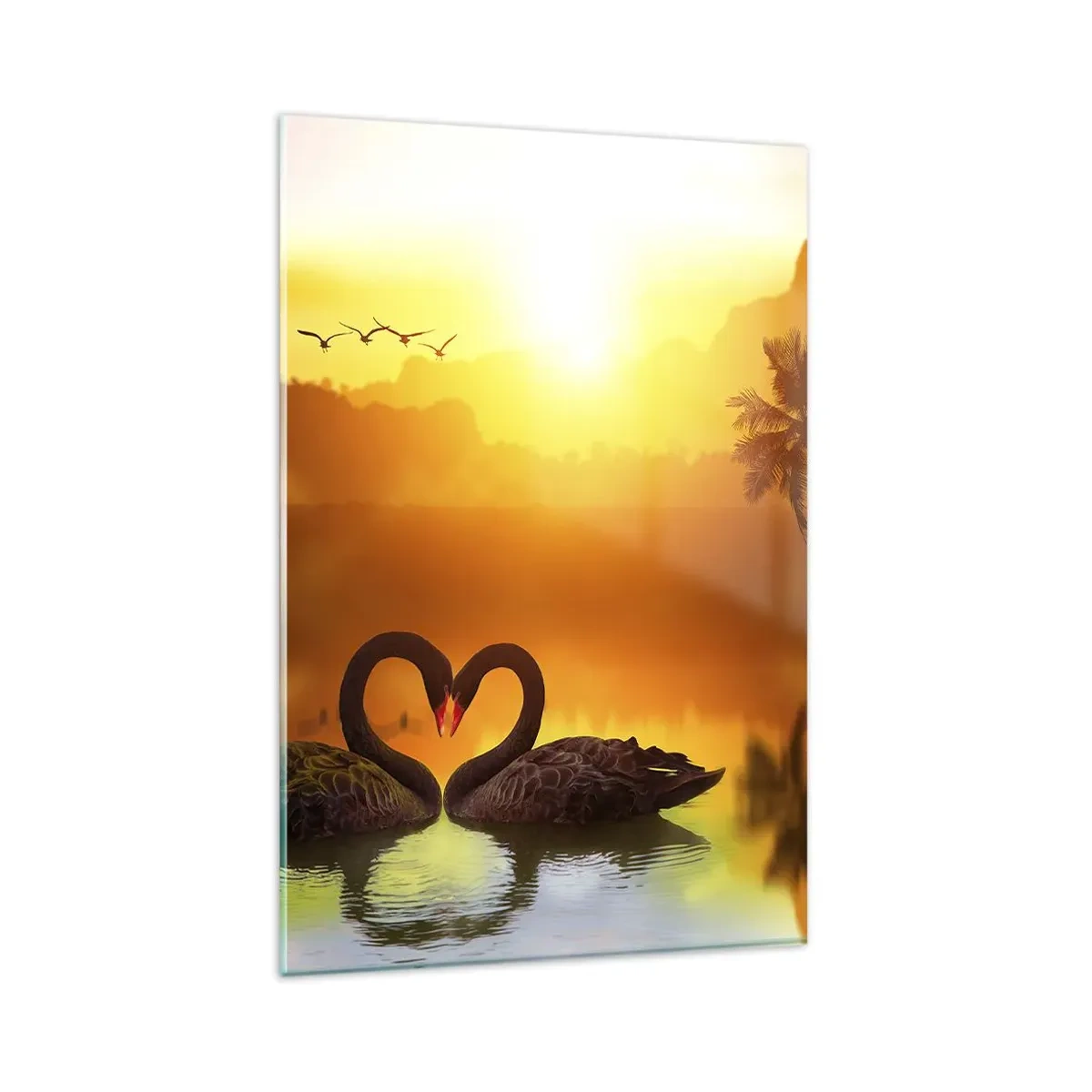 Impression sur verre - Image sur verre - Deux cygnes noirs formant un cœur sur fond de coucher de soleil sur un lac - 80x120cm - Tout va ensemble - Décoration murale moderne pour le salon et la chambre ARTTOR