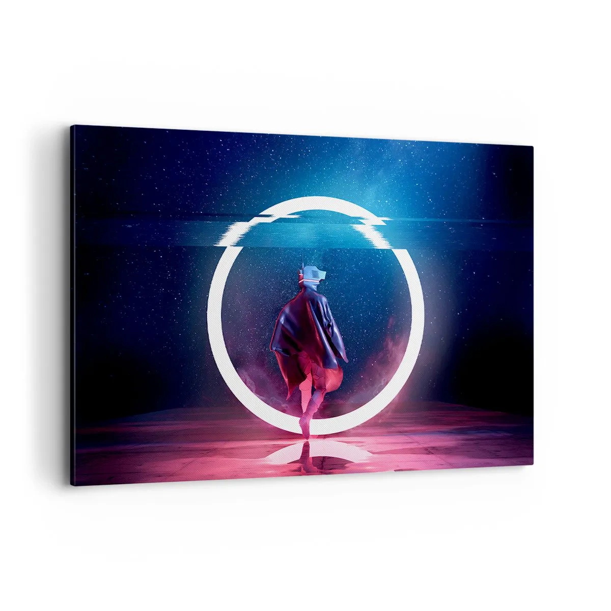 Impression sur toile - Image sur toile - Un personnage dans un environnement futuriste avec un cercle de néon - 120x80cm - Entre deux mondes - Décoration murale moderne pour le salon et la chambre ARTTOR
