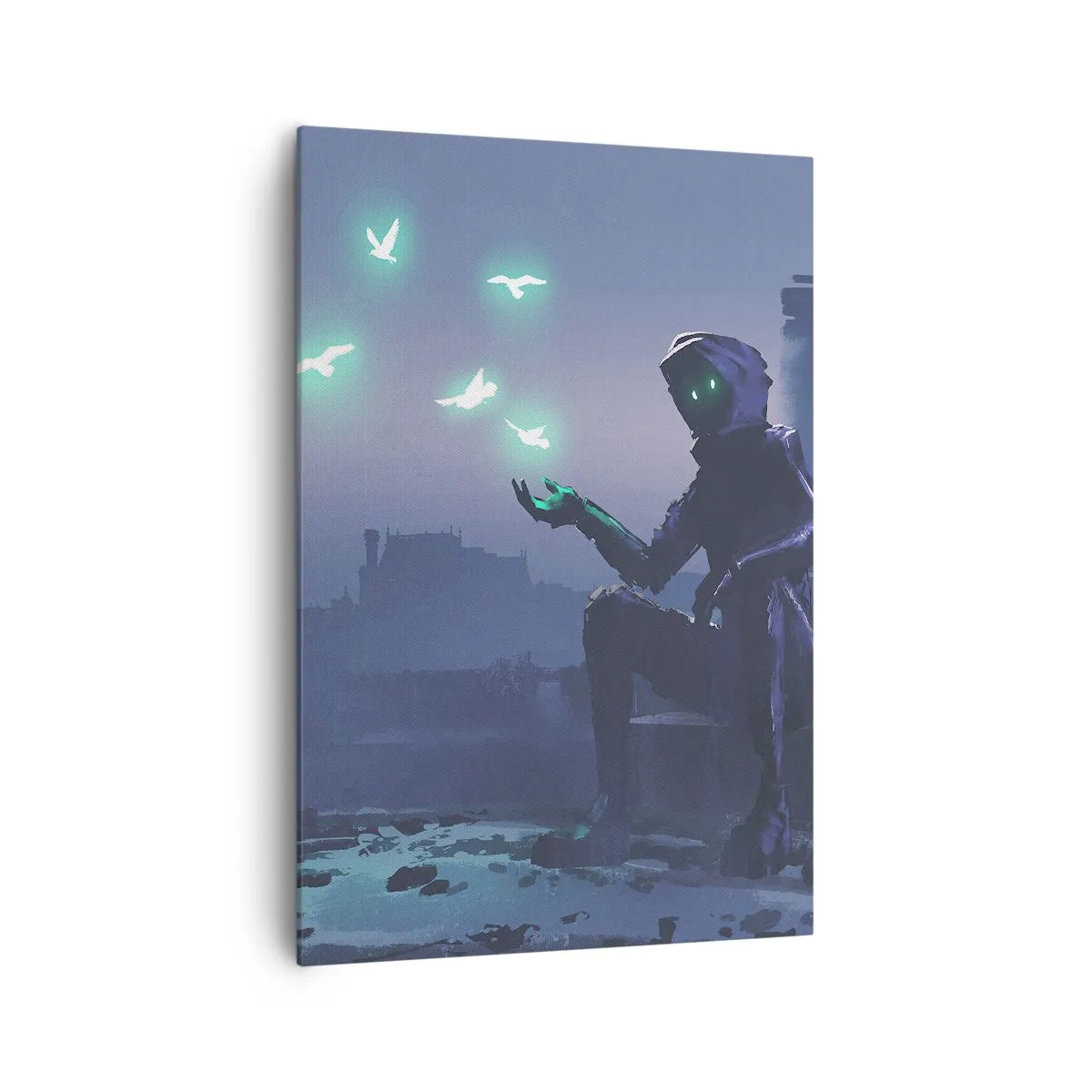 Impression sur toile - Image sur toile - Une silhouette encapuchonnée avec des oiseaux magiques en arrière-plan d'une ville - 70x100cm - La vie reviendra - Décoration murale moderne pour le salon et la chambre ARTTOR
