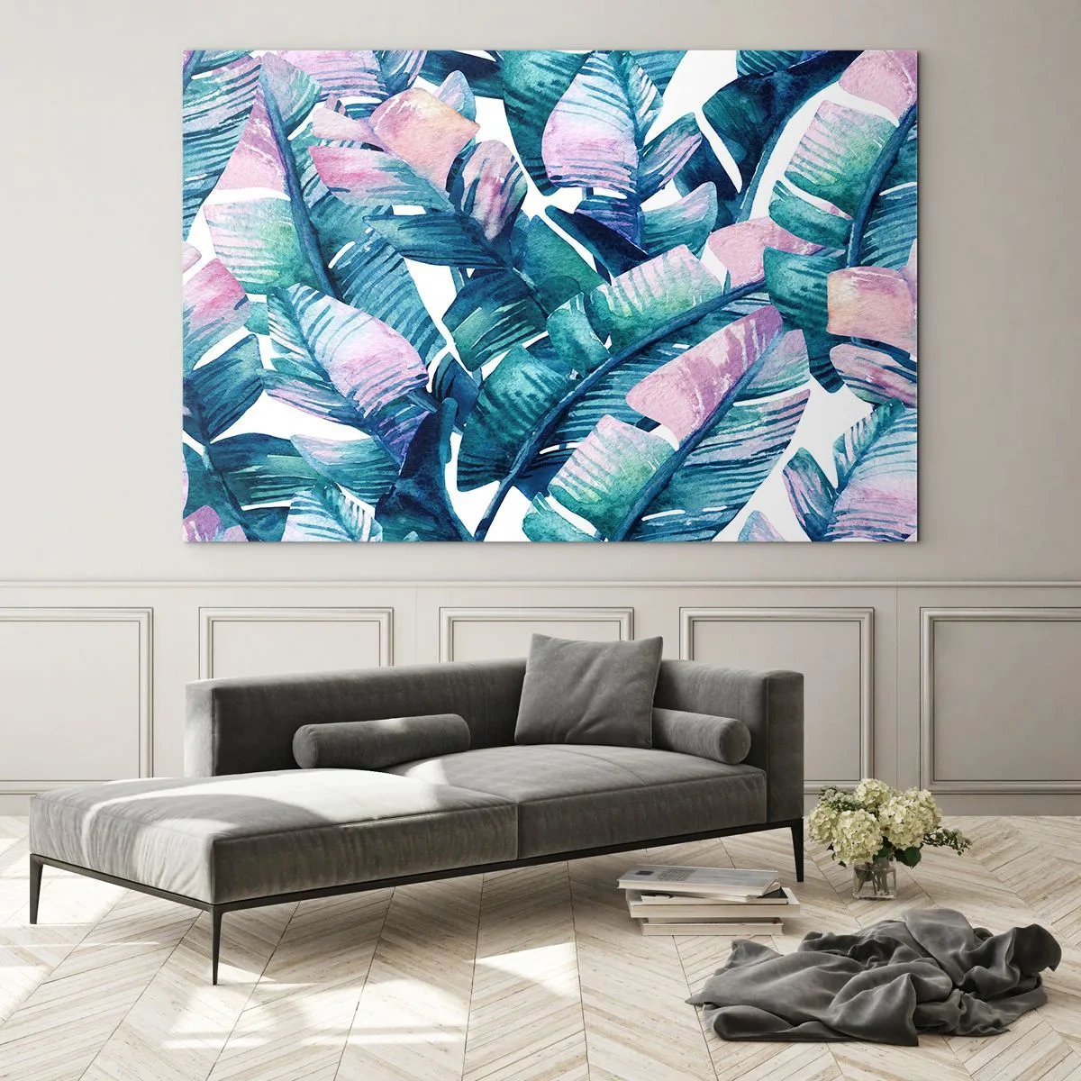 Impression sur verre - Image sur verre - Feuilles de bananier aux tons pastel sur fond blanc - 70x50cm - Dans une bananeraie - Décoration murale moderne pour le salon et la chambre ARTTOR