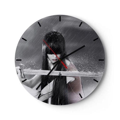 Horloge murale - Pendule murale - Femme avec une épée sous la pluie avec un arrière-plan dramatique - 30x30cm - Belle et dangereuse - Décoration murale moderne pour le salon, la cuisine et la chambre ARTTOR