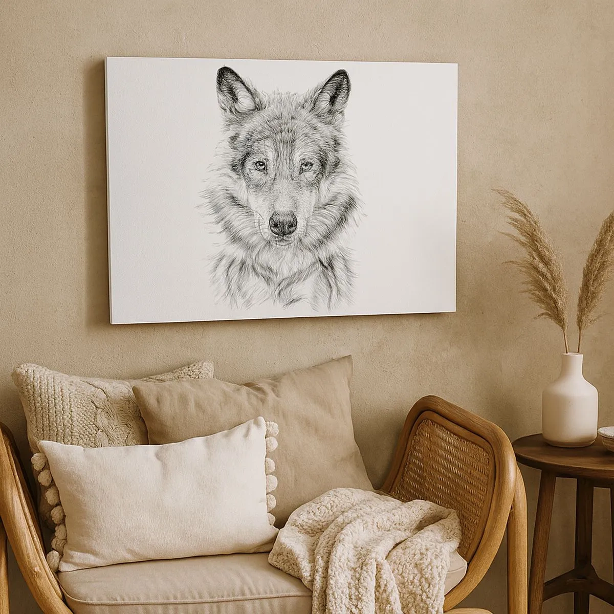 Impression sur toile - Image sur toile - Croquis d'une tête de loup dans un style monochrome sur fond blanc - 70x50cm - Un leader né - Décoration murale moderne pour le salon et la chambre ARTTOR