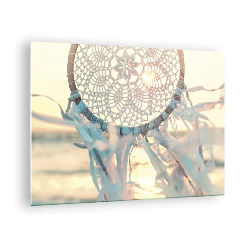 Impression sur verre - Image sur verre - Un totem en dentelle aux franges délicates sur fond de soleil couchant sur la mer. - 70x50cm - Totem en dentelle - Décoration murale moderne pour le salon et la chambre ARTTOR