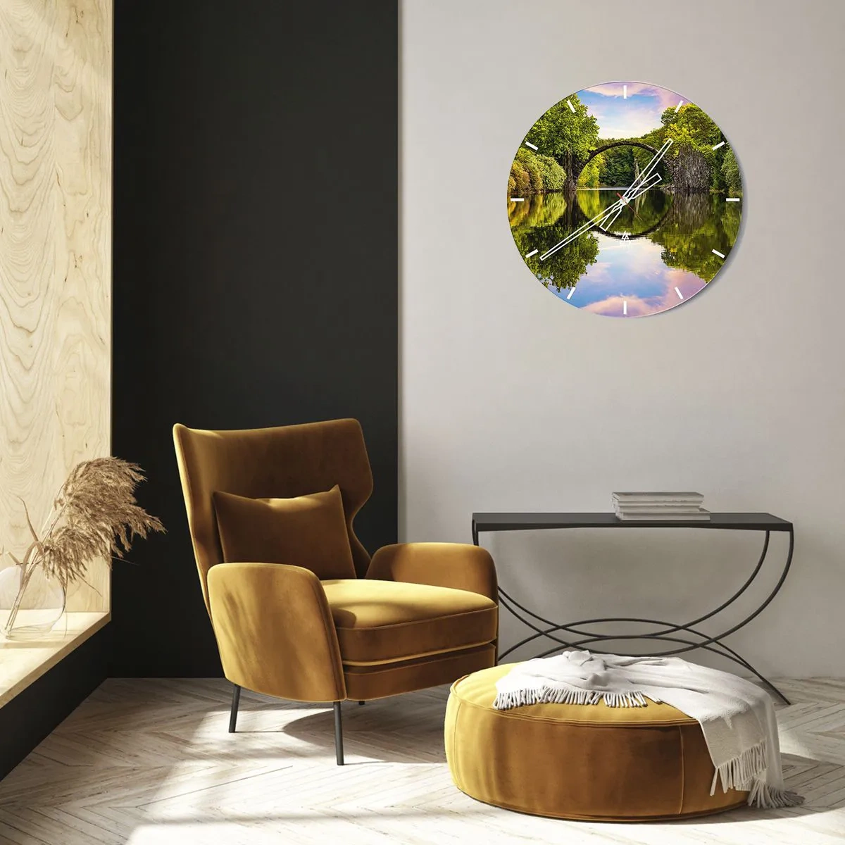 Horloge murale - Pendule murale - Le pont Rakotzbrücke se reflète dans l'eau - 30x30cm - À la jonction de deux mondes - Décoration murale moderne pour le salon, la cuisine et la chambre ARTTOR