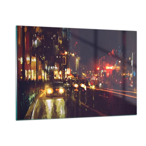 Impression sur verre - Image sur verre - Paysage nocturne de la ville avec des voitures et des lampadaires - 120x80cm - Immergé dans les lumières de la nuit - Décoration murale moderne pour le salon et la chambre ARTTOR