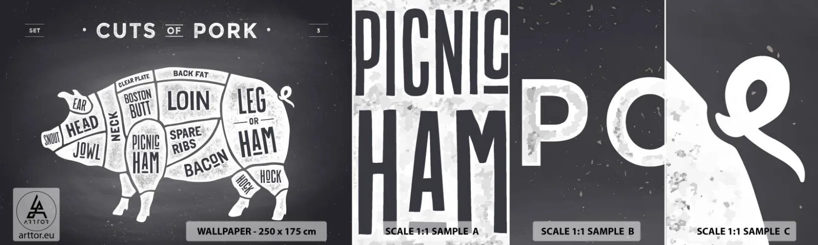 Échantillon de Papier Peint Autocollant Deluxe Sticker - L'art de la découpe - La gastronomie, Animal Cochon, Porc - 100x30 cm