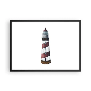 Affiche dans un cadre noir - Poster - Une image de dessin animé d'un phare avec des rayures rouges et blanches sur un fond minimaliste. - 70x50cm - Toujours sur ses gardes - Décoration murale moderne pour le salon et la chambre ARTTOR