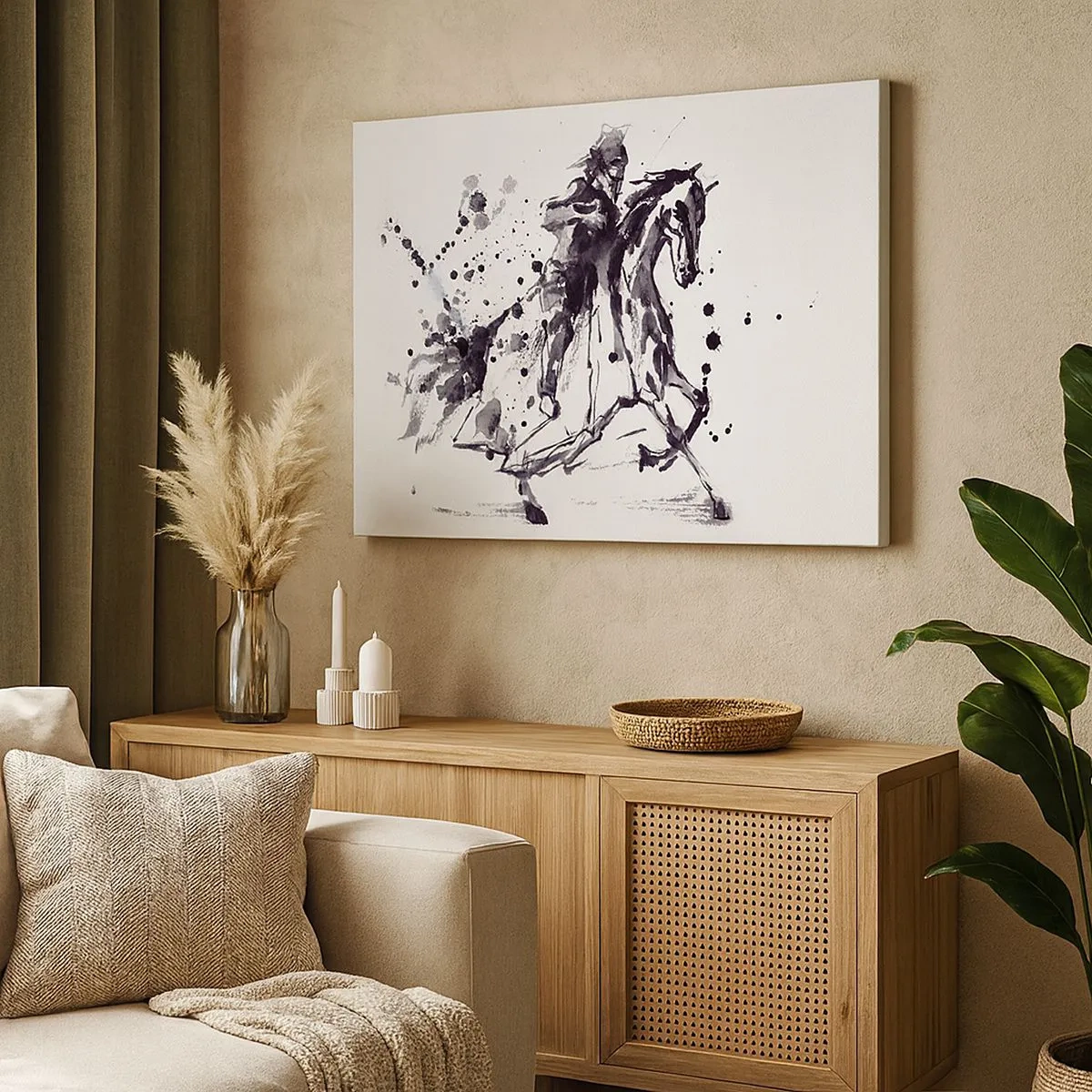 Impression sur toile - Image sur toile - Aquarelle noir et blanc d'un cavalier sur un cheval au galop - 70x50cm - Chevalier noir - Décoration murale moderne pour le salon et la chambre ARTTOR