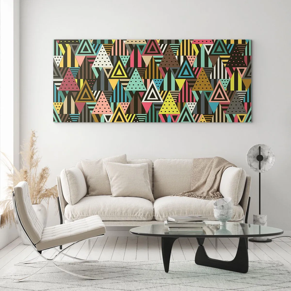 Impression sur verre - Image sur verre - Motif géométrique coloré avec des triangles et des lignes - 120x50cm - En rythme de trois - Décoration murale moderne pour le salon et la chambre ARTTOR
