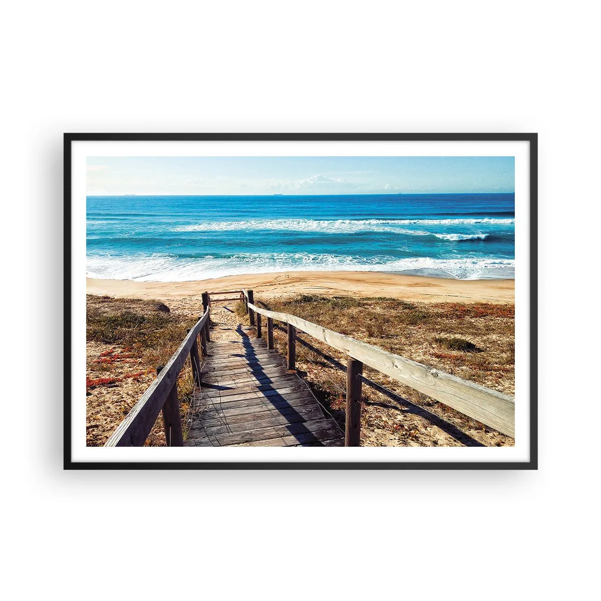 Affiche dans un cadre noir - Poster - Chemin en bois menant à la plage - 100x70cm - Cours! - Décoration murale moderne pour le salon et la chambre ARTTOR