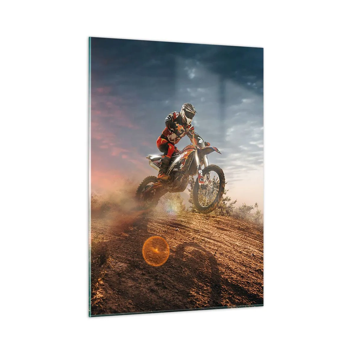 Impression sur verre - Image sur verre - Motocycliste dans le désert dans un cadre dynamique - 50x70cm - Pour la victoire - Décoration murale moderne pour le salon et la chambre ARTTOR