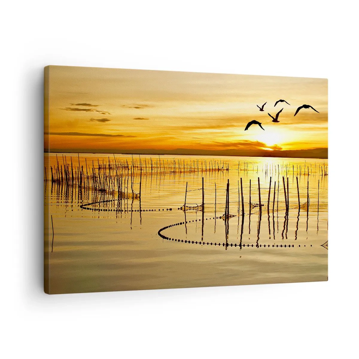 Impression sur toile - Image sur toile - Coucher de soleil sur l'eau avec des oiseaux en vol - 70x50cm - À la pêche - Décoration murale moderne pour le salon et la chambre ARTTOR