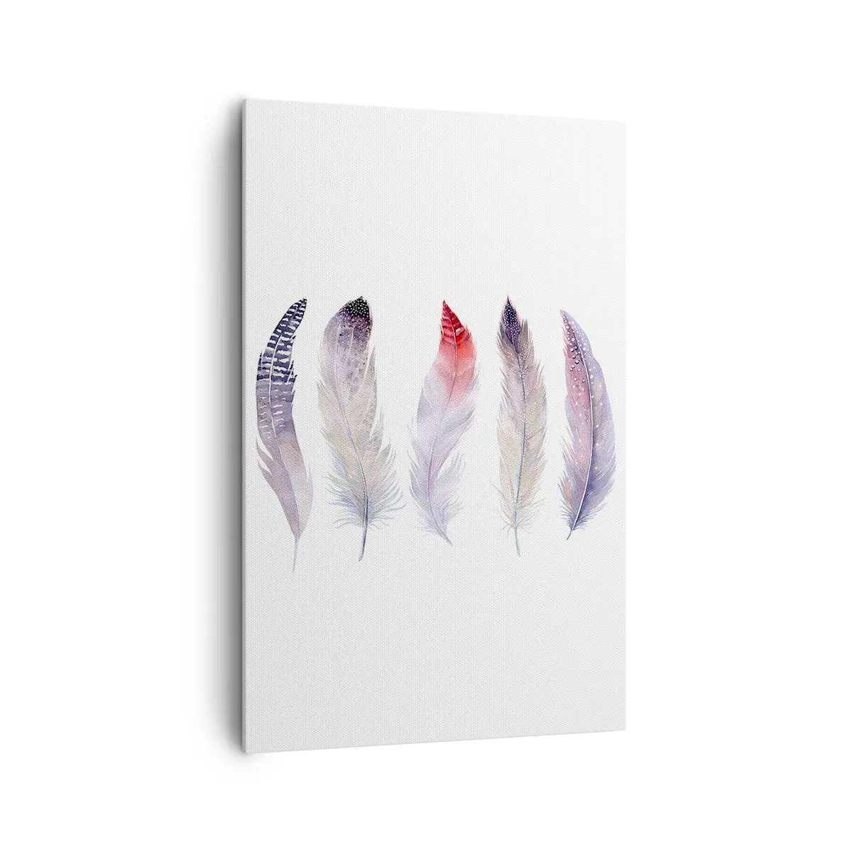 Impression sur toile - Image sur toile - Cinq plumes délicates aux tons pastel sur fond clair - 80x120cm - Délicat comme un brouillard multicolore - Décoration murale moderne pour le salon et la chambre ARTTOR