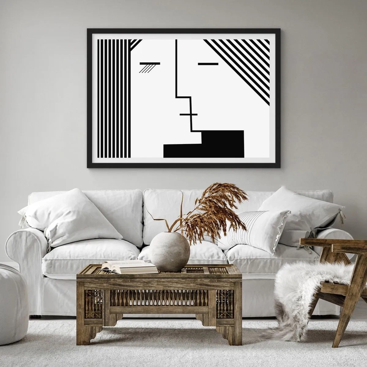 Affiche dans un cadre noir - Poster - Abstraction géométrique d'un baiser en noir et blanc - 70x50cm - Juste un baiser - Décoration murale moderne pour le salon et la chambre ARTTOR
