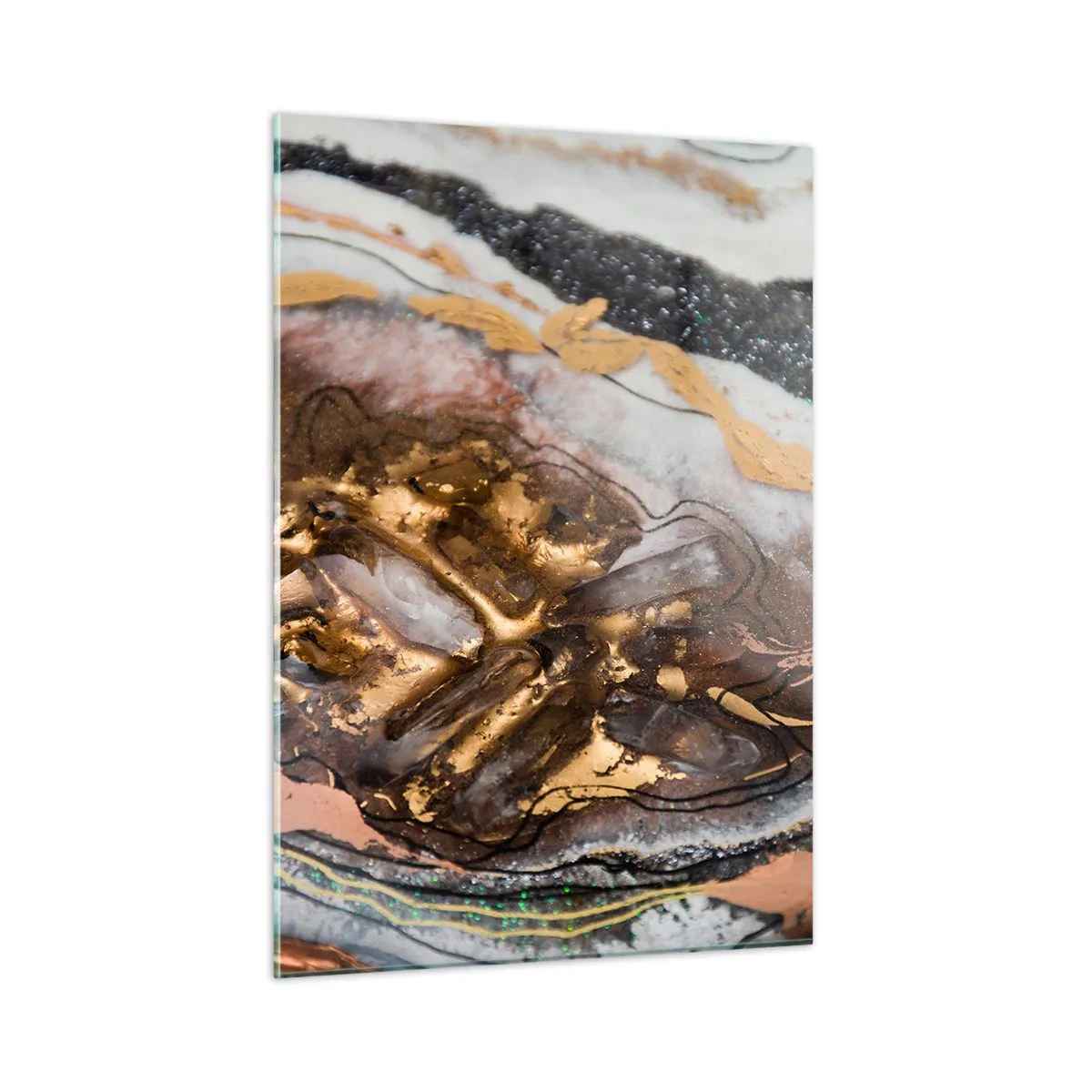 Impression sur verre - Image sur verre - Une peinture abstraite dans des tons d'or, de marron et de blanc avec une texture minérale. - 50x70cm - Élément de la terre - Décoration murale moderne pour le salon et la chambre ARTTOR