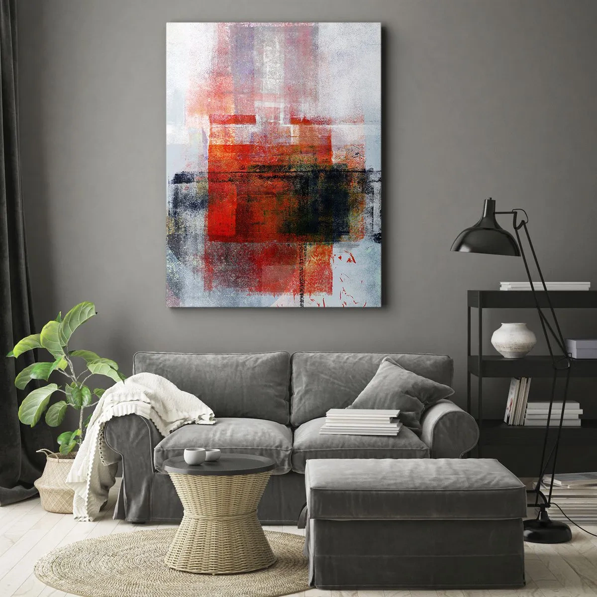 Impression sur toile - Image sur toile - Composition géométrique abstraite avec des accents rouges et oranges - 80x120cm - Composition embrasée - Décoration murale moderne pour le salon et la chambre ARTTOR