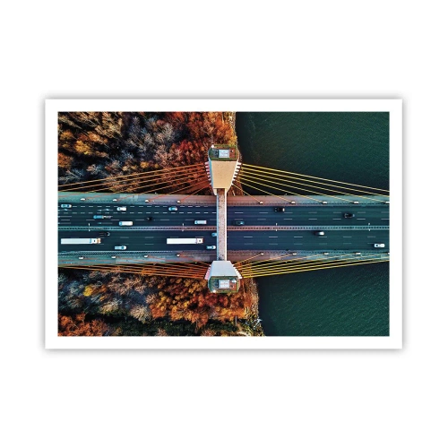 Affiche - Poster - Vue aérienne du pont sur la rivière et du paysage d'automne - 100x70cm - Au dessus de l'eau et de la forêt - Décoration murale moderne pour le salon et la chambre ARTTOR