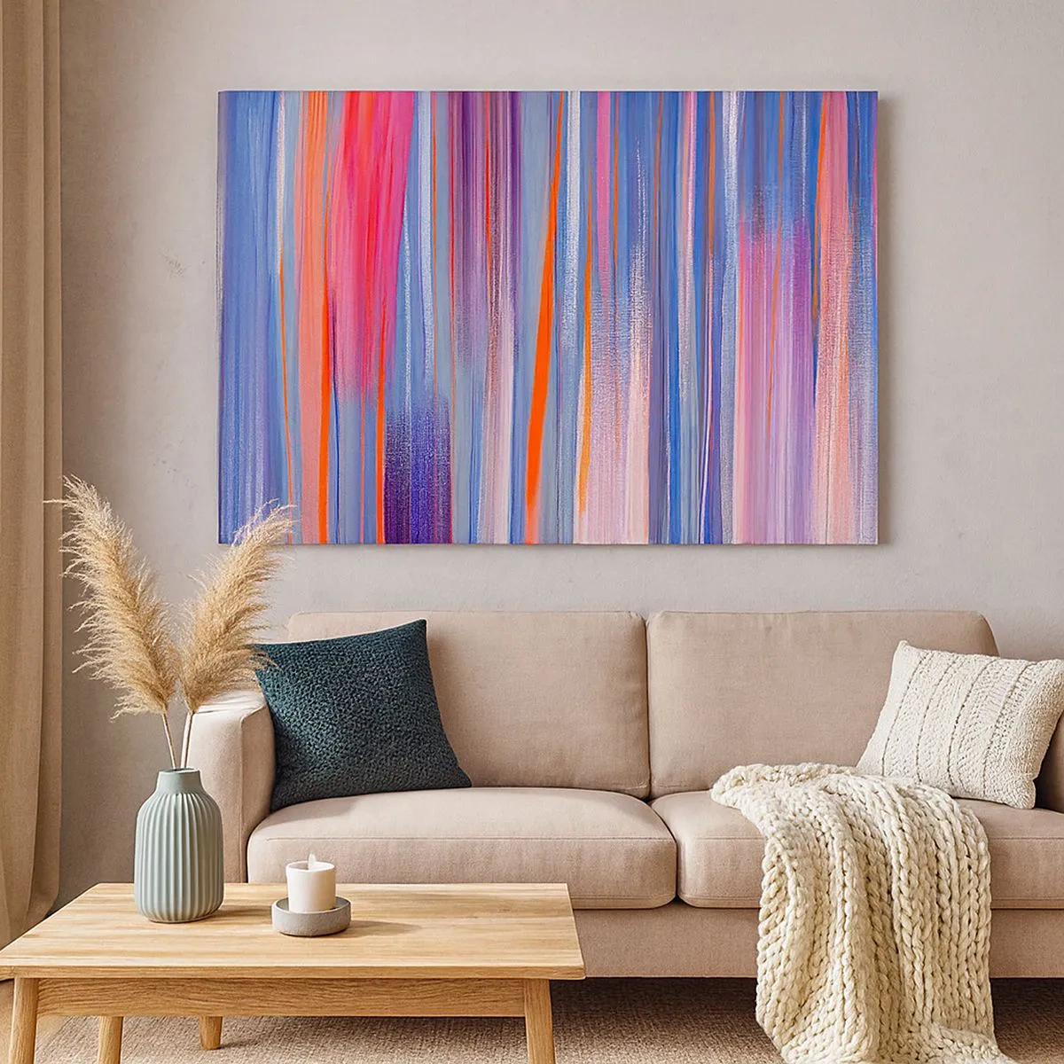 Impression sur toile - Image sur toile - Lignes verticales abstraites dans des tons de bleu et de rose - 70x50cm - Ascension - Décoration murale moderne pour le salon et la chambre ARTTOR