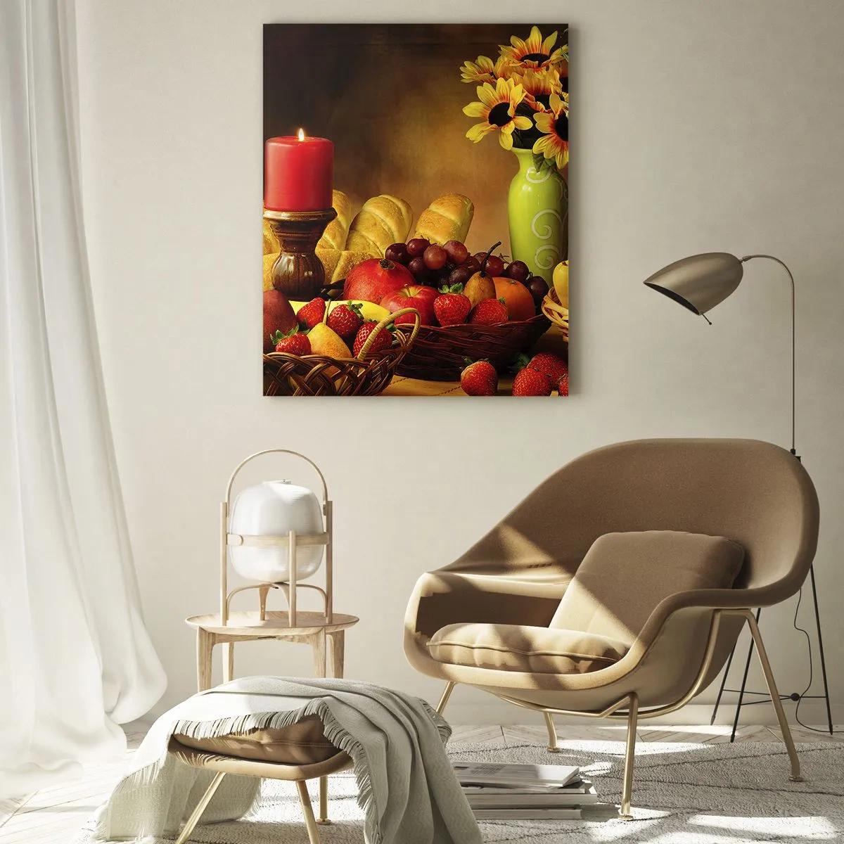 Impression sur verre - Image sur verre - Nature morte avec fruits, pain, bougie et fleurs - 70x100cm - Nature morte de pain et de fruits - Décoration murale moderne pour le salon et la chambre ARTTOR