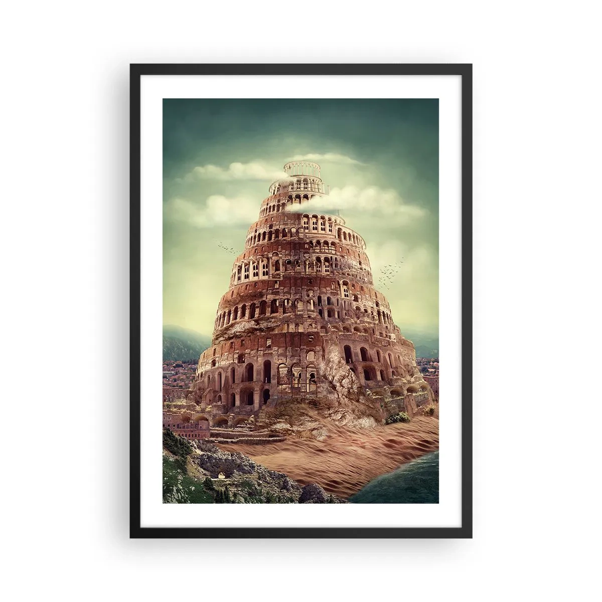 Affiche dans un cadre noir - Poster - La mythique Tour de Babel dans un paysage pittoresque - 50x70cm - La tour de Babel - Décoration murale moderne pour le salon et la chambre ARTTOR