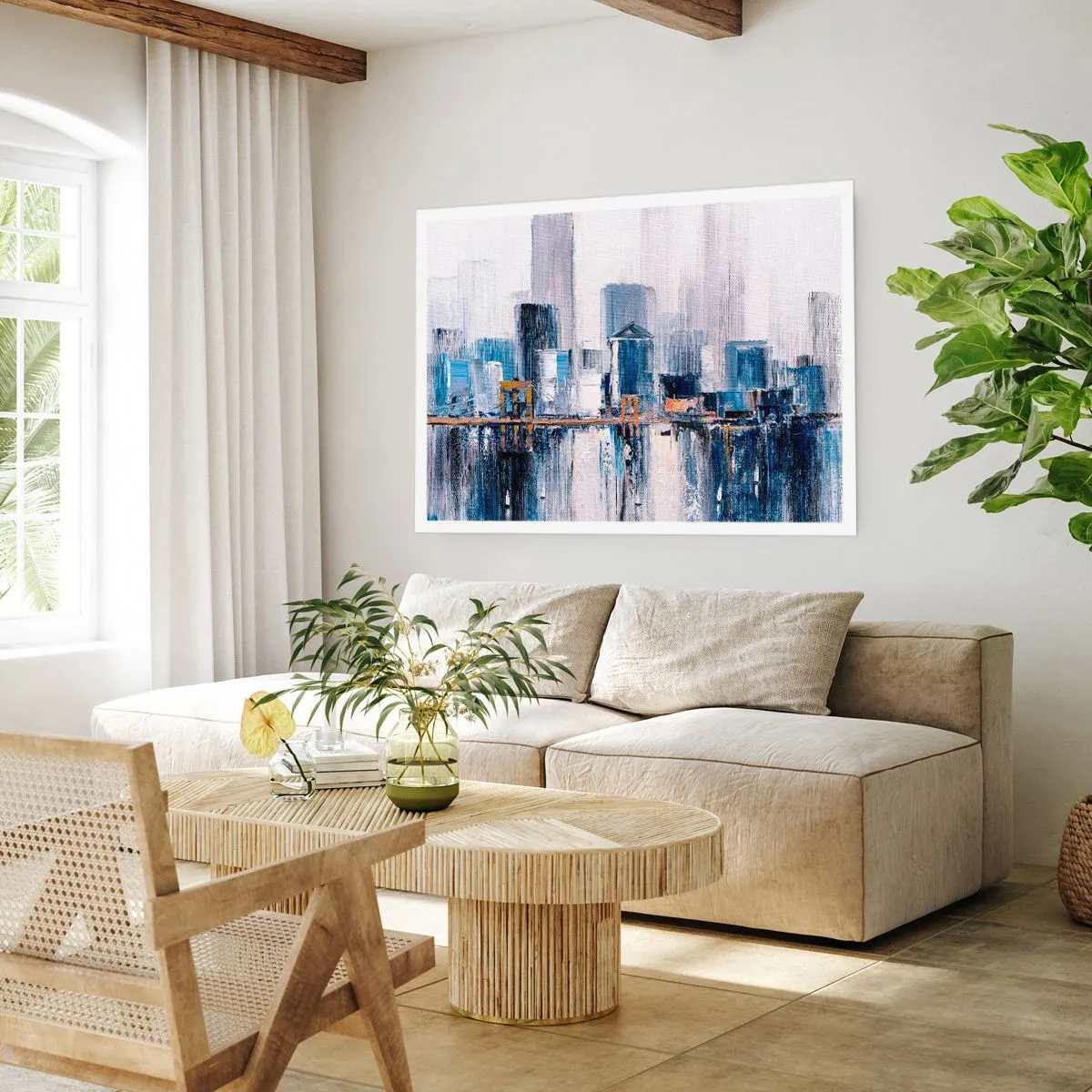 Affiche - Poster - Panorama urbain abstrait avec des nuances de bleu et de jaune - 100x70cm - Impression new-yorkaise - Décoration murale moderne pour le salon et la chambre ARTTOR