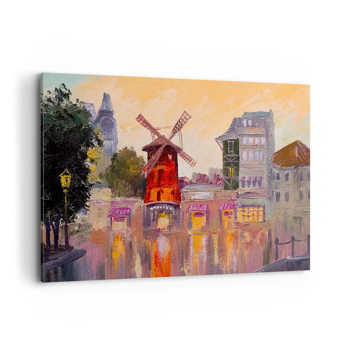 Impression sur toile - Image sur toile - Le moulin à vent rouge du Moulin Rouge entouré par le paysage urbain - 120x80cm - Icones parisiennes – le Moulin rouge - Décoration murale moderne pour le salon et la chambre ARTTOR