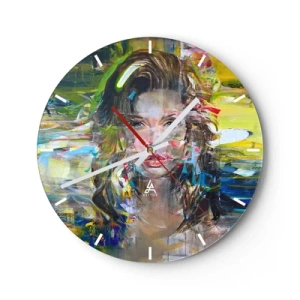 Horloge murale - Pendule murale - Portrait artistique d'une femme dans une abstraction colorée - 30x30cm - Derrière l'air, un rideau - Décoration murale moderne pour le salon, la cuisine et la chambre ARTTOR