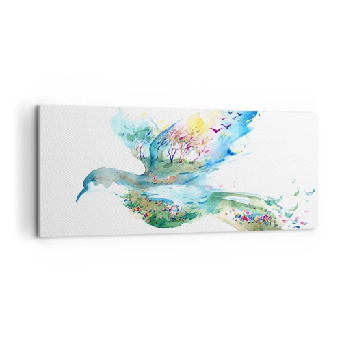 Impression sur toile - Image sur toile - Composition à l'aquarelle d'un oiseau avec des éléments de la nature - 120x50cm - Sur les ailes de la nature - Décoration murale moderne pour le salon et la chambre ARTTOR