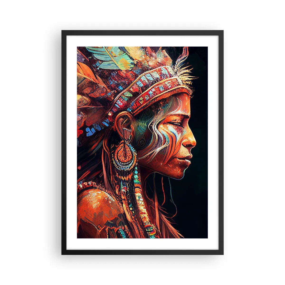 Affiche dans un cadre noir - Poster - Portrait d'une femme portant une coiffe traditionnelle en plumes - 50x70cm - Rituel magique - Décoration murale moderne pour le salon et la chambre ARTTOR