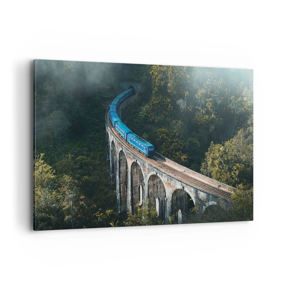 Impression sur toile - Image sur toile - Un train bleu sur un viaduc historique au milieu des forêts - 120x80cm - Train nature - Décoration murale moderne pour le salon et la chambre ARTTOR