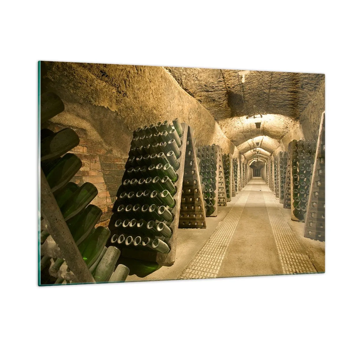Impression sur verre - Image sur verre - Une cave avec des bouteilles de vin vieillissant en rangées - 120x80cm - L'éveil du goût - Décoration murale moderne pour le salon et la chambre ARTTOR