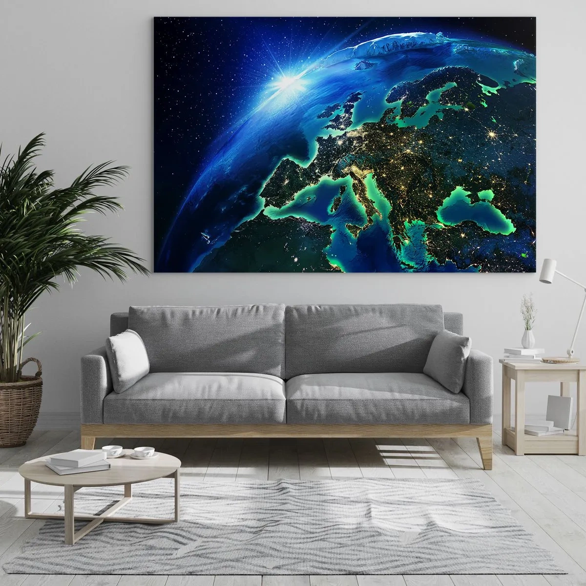 Impression sur verre - Image sur verre - Vue de la Terre depuis l'espace avec Europe illuminée la nuit - 70x50cm - Europe pétillante - Décoration murale moderne pour le salon et la chambre ARTTOR