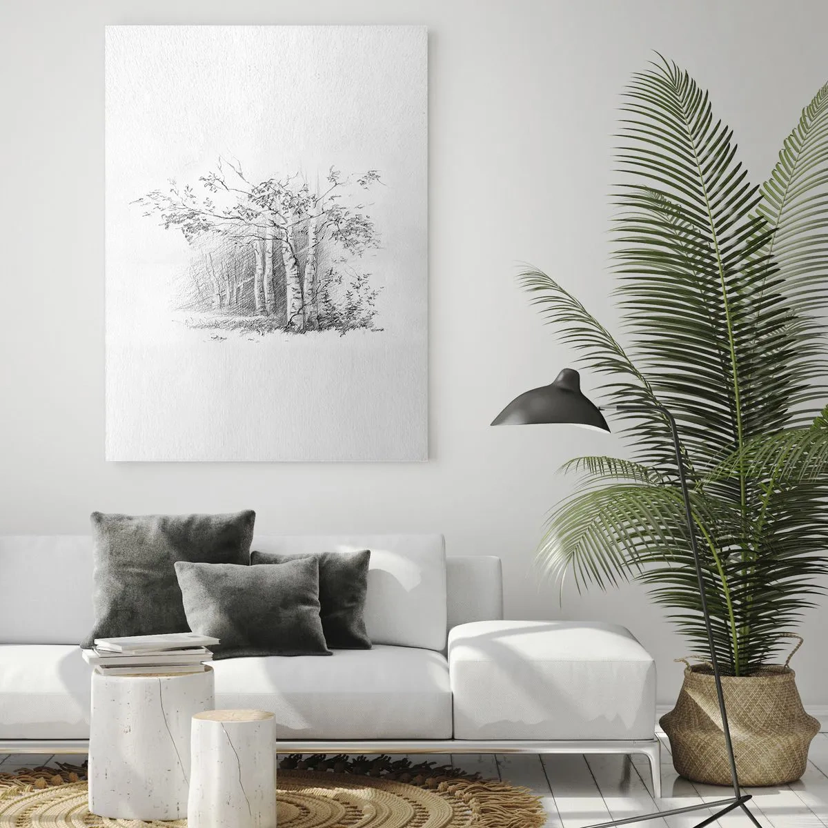 Impression sur verre - Image sur verre - Un dessin d'une forêt de bouleaux dans un croquis au crayon subtil - 70x100cm - Lumière d'une forêt de bouleaux - Décoration murale moderne pour le salon et la chambre ARTTOR