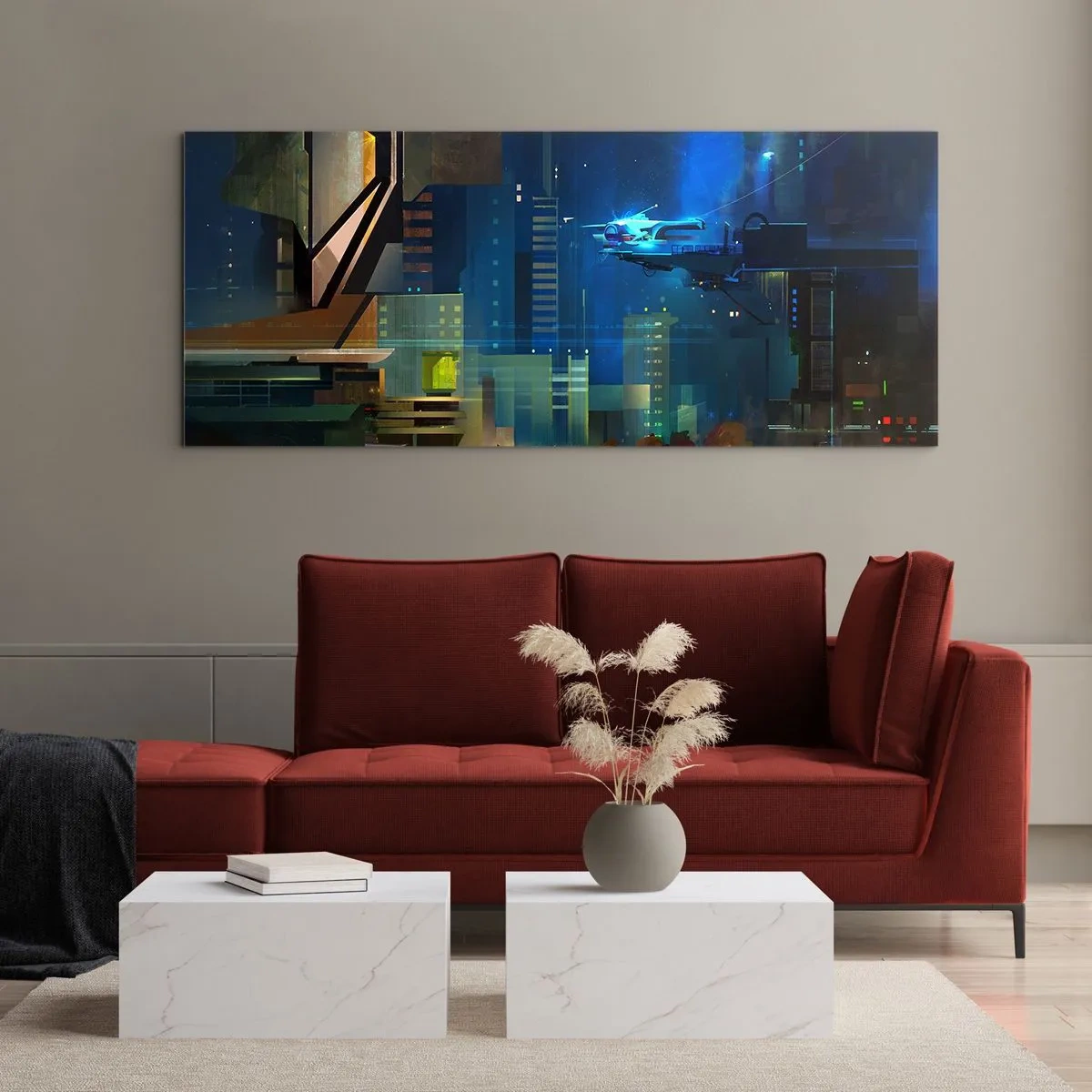 Impression sur verre - Image sur verre - Ville futuriste la nuit avec des néons et un véhicule volant - 160x50cm - Dans le futur proche - Décoration murale moderne pour le salon et la chambre ARTTOR
