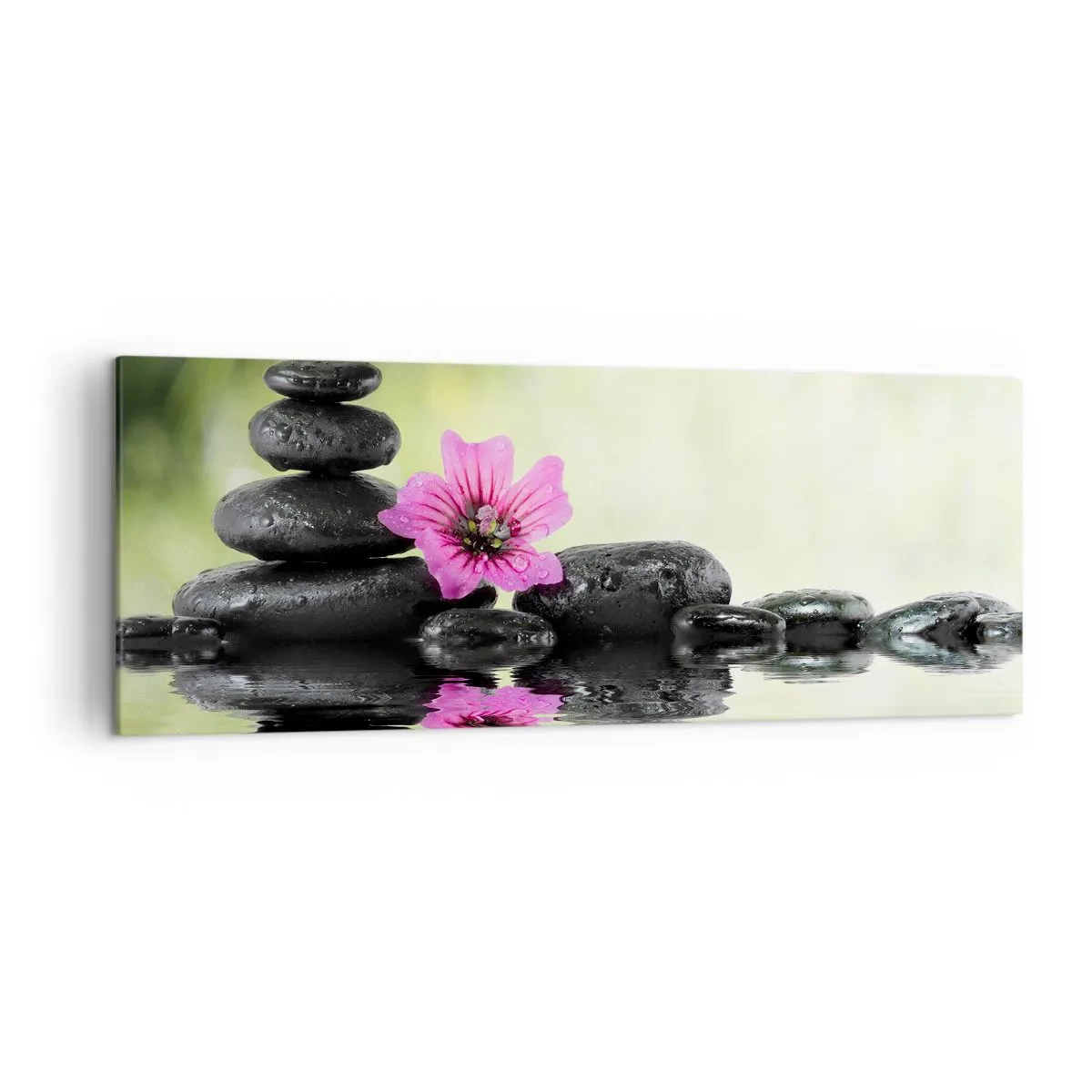 Impression sur toile - Image sur toile - Des pierres zen et une fleur rose se reflétant dans l'eau - 140x50cm - Temps pour l'âme - Décoration murale moderne pour le salon et la chambre ARTTOR