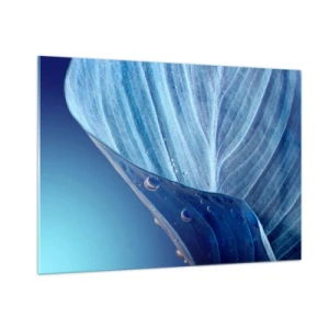 Impression sur verre - Image sur verre - Une feuille dans des tons bleus avec des gouttes d'eau sur un fond dégradé. - 100x70cm - Gouttes cachées du bleu - Décoration murale moderne pour le salon et la chambre ARTTOR
