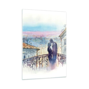 Impression sur verre - Image sur verre - Couple sur un balcon profitant d'un coucher de soleil romantique - 50x70cm - Amoureux de Paris - Décoration murale moderne pour le salon et la chambre ARTTOR