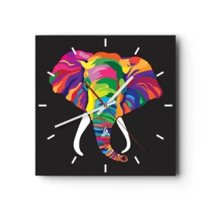 Horloge murale - Pendule murale - Une image colorée d'un éléphant sur fond noir - 30x30cm - L'éléphant qui aimait se baigner dans un arc-en-ciel - Décoration murale moderne pour le salon et la chambre ARTTOR
