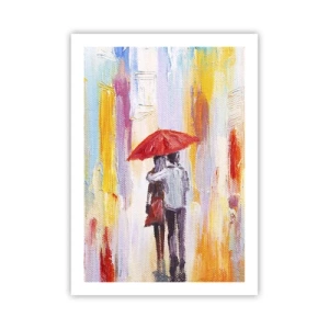 Affiche - Poster - Une scène romantique avec un couple sous un parapluie rouge sur fond de ville. - 50x70cm - Qu'il pleuve encore - Décoration murale moderne pour le salon et la chambre ARTTOR