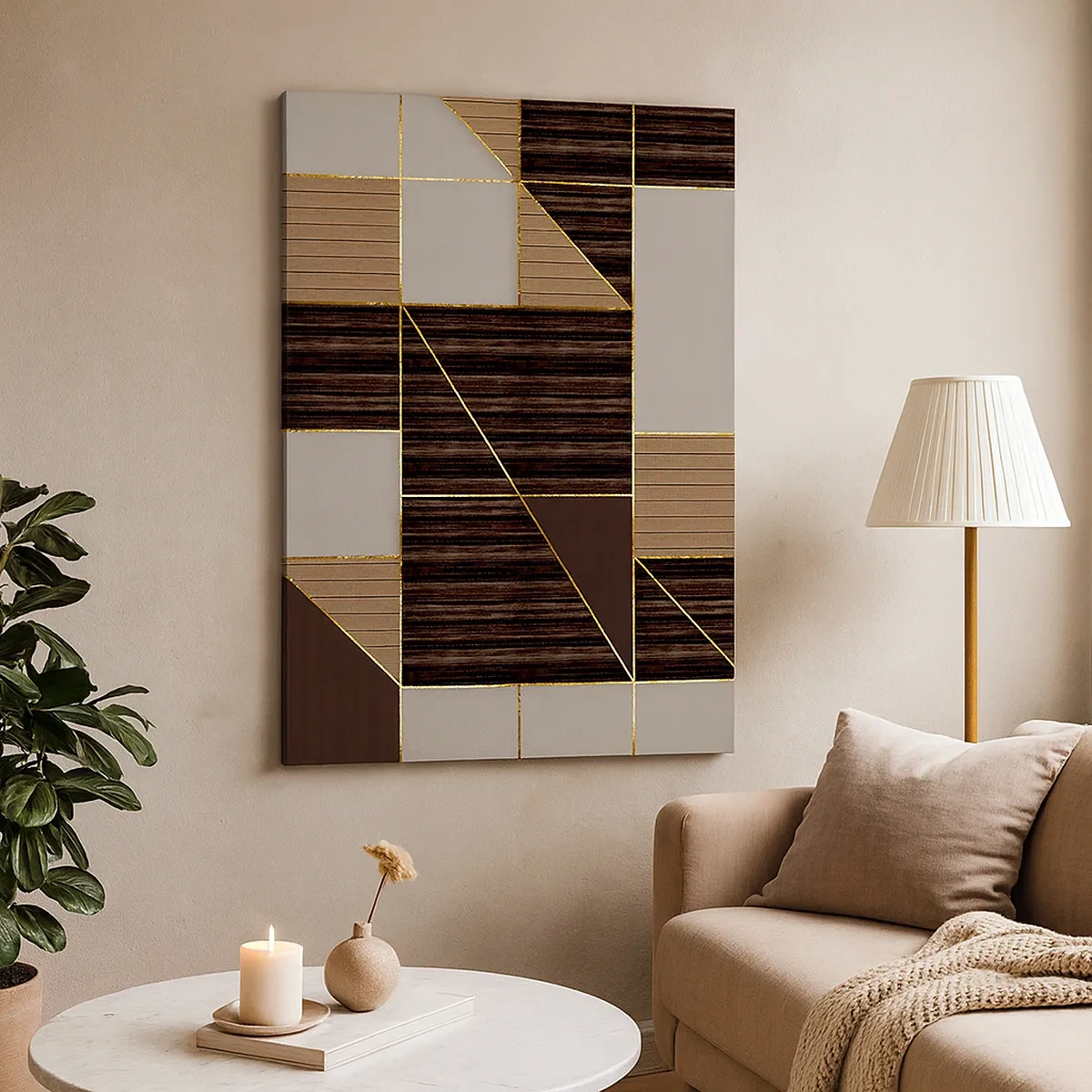 Impression sur toile - Image sur toile - Motifs géométriques dans les tons de marron avec des lignes dorées - 50x70cm - Mozaique de bronze et d'or - Décoration murale moderne pour le salon et la chambre ARTTOR
